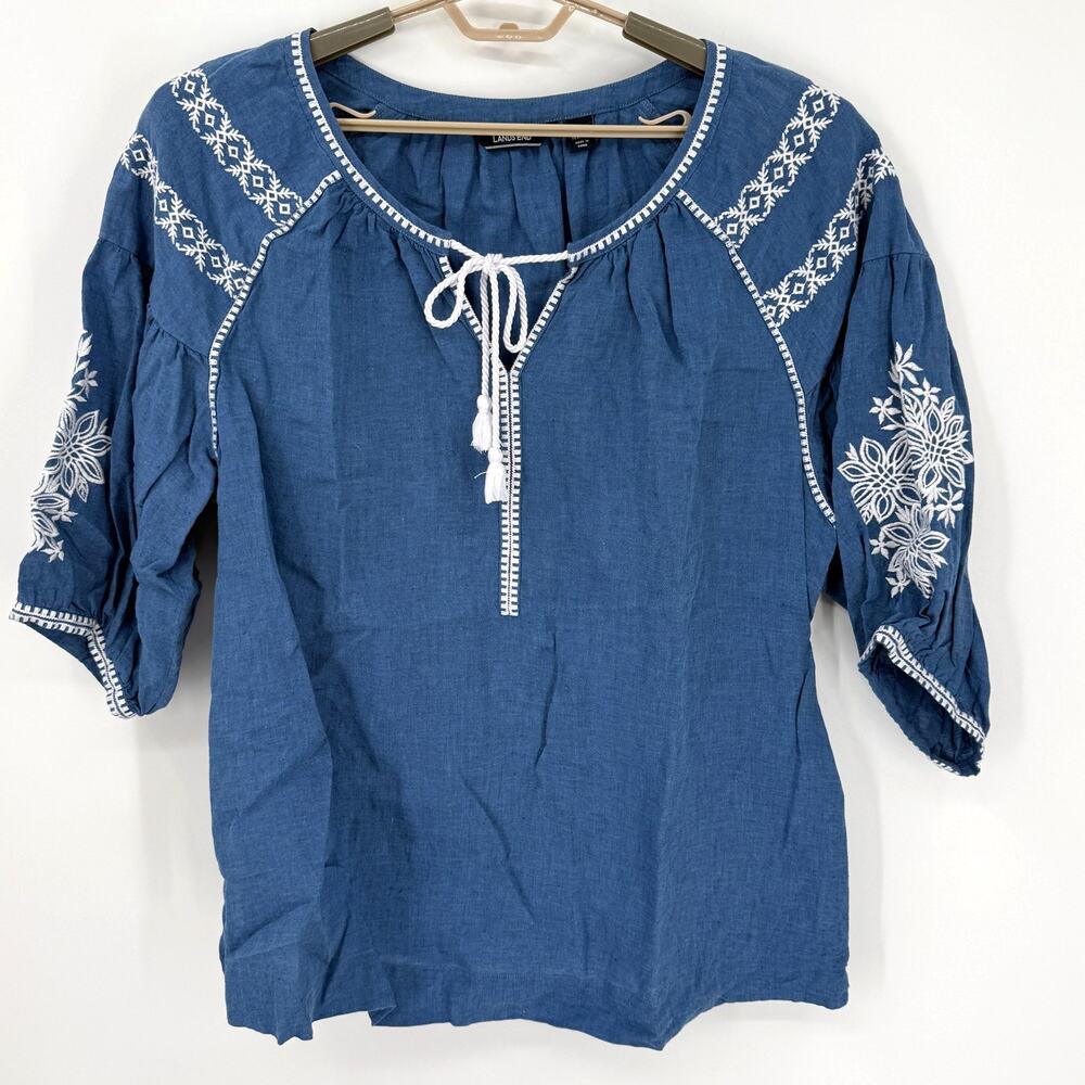 Lands End 100% Linen Top Embroidery Puff Sleeves Denim Blue Size 1X 16W 18W